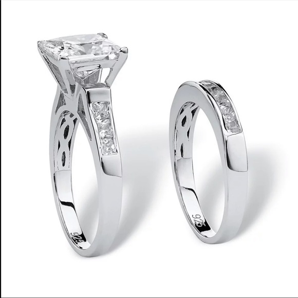 New Luxury 2pc 925 Silver Diamond Engagement Ring - Picture 6 of 6